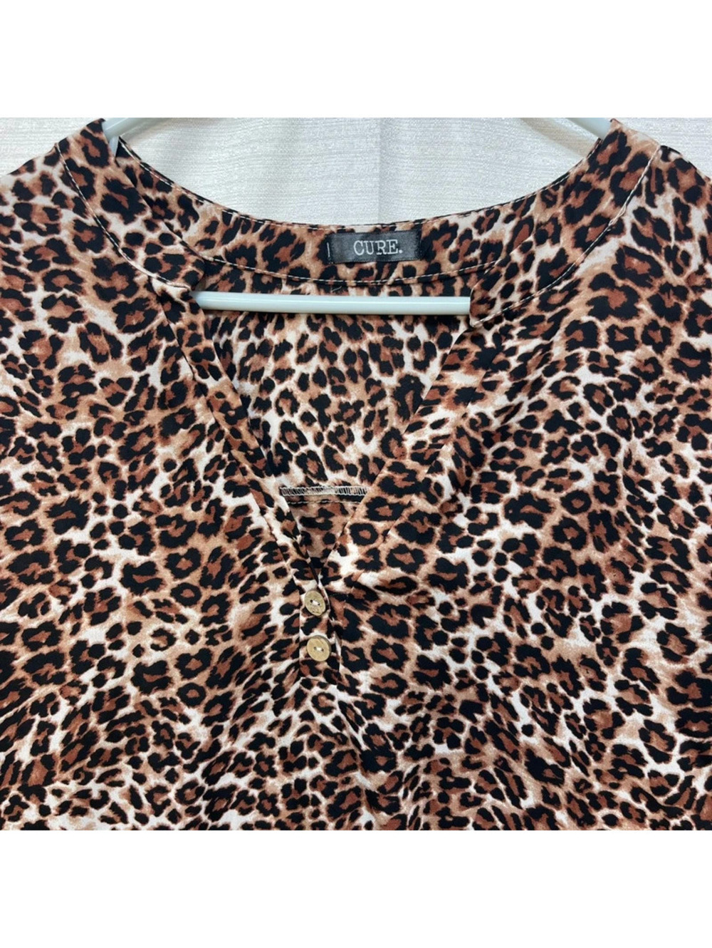 Cure Women's Leopard Print Blouse Brown Black 3/4 Sleeve V Neck 3XL - Picture 3 of 9